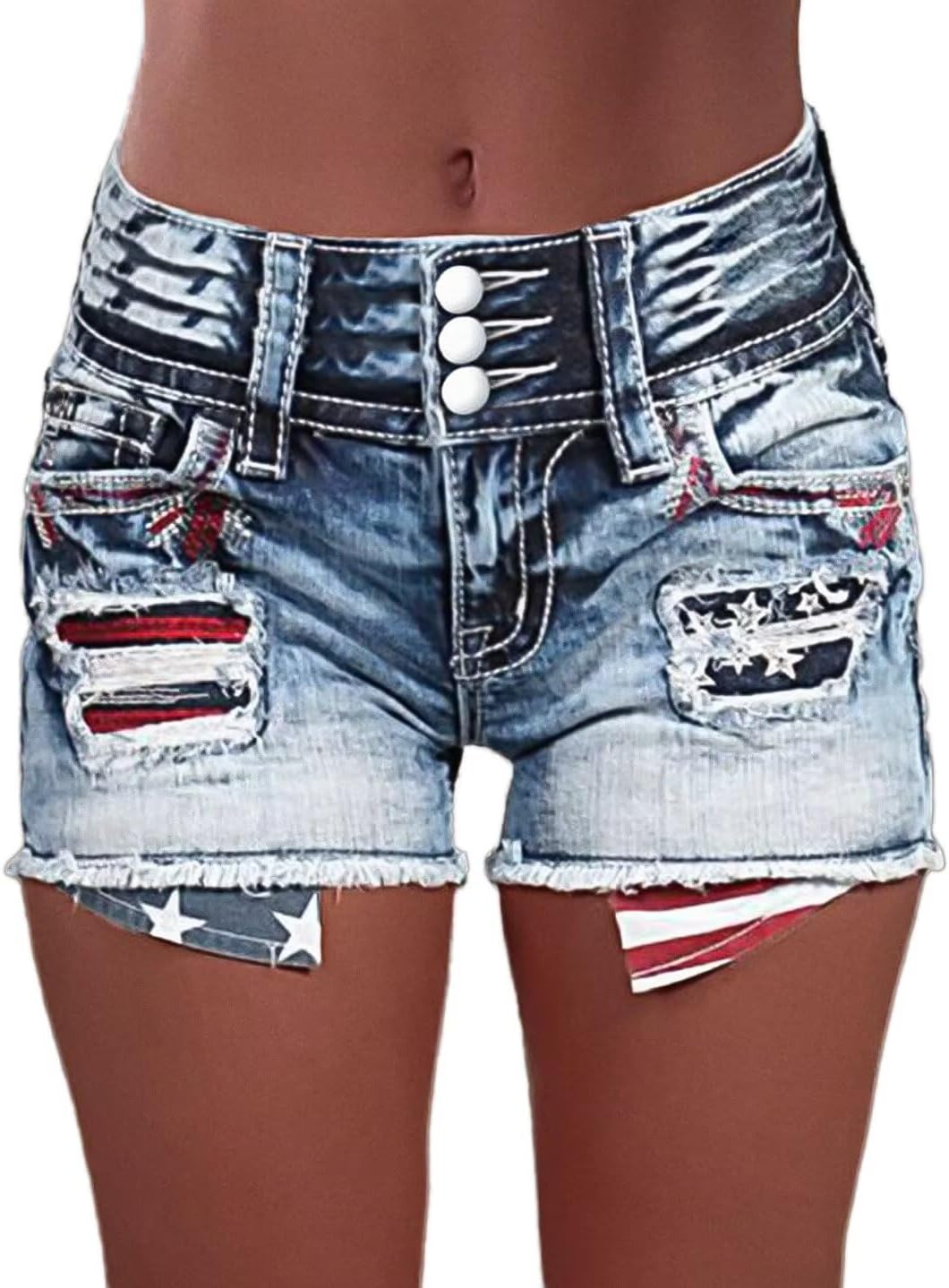 Flamingals Distressed Jean Shorts for Women High Waist American Flag Button Fly Raw Hem Denim Shorts