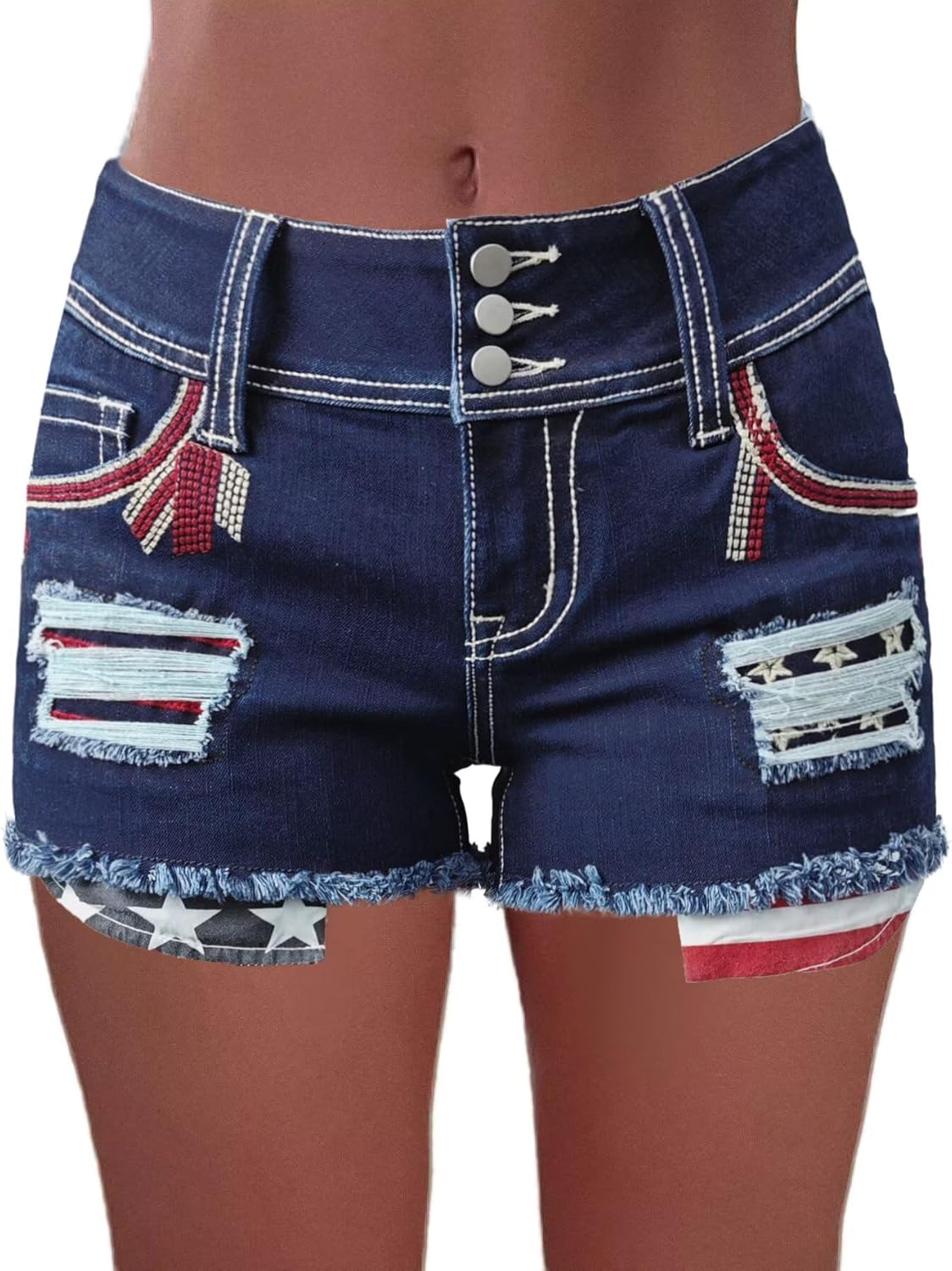 Flamingals Distressed Jean Shorts for Women High Waist American Flag Button Fly Raw Hem Denim Shorts