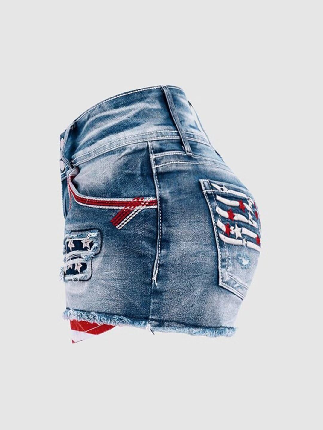 Flamingals Distressed Jean Shorts for Women High Waist American Flag Button Fly Raw Hem Denim Shorts