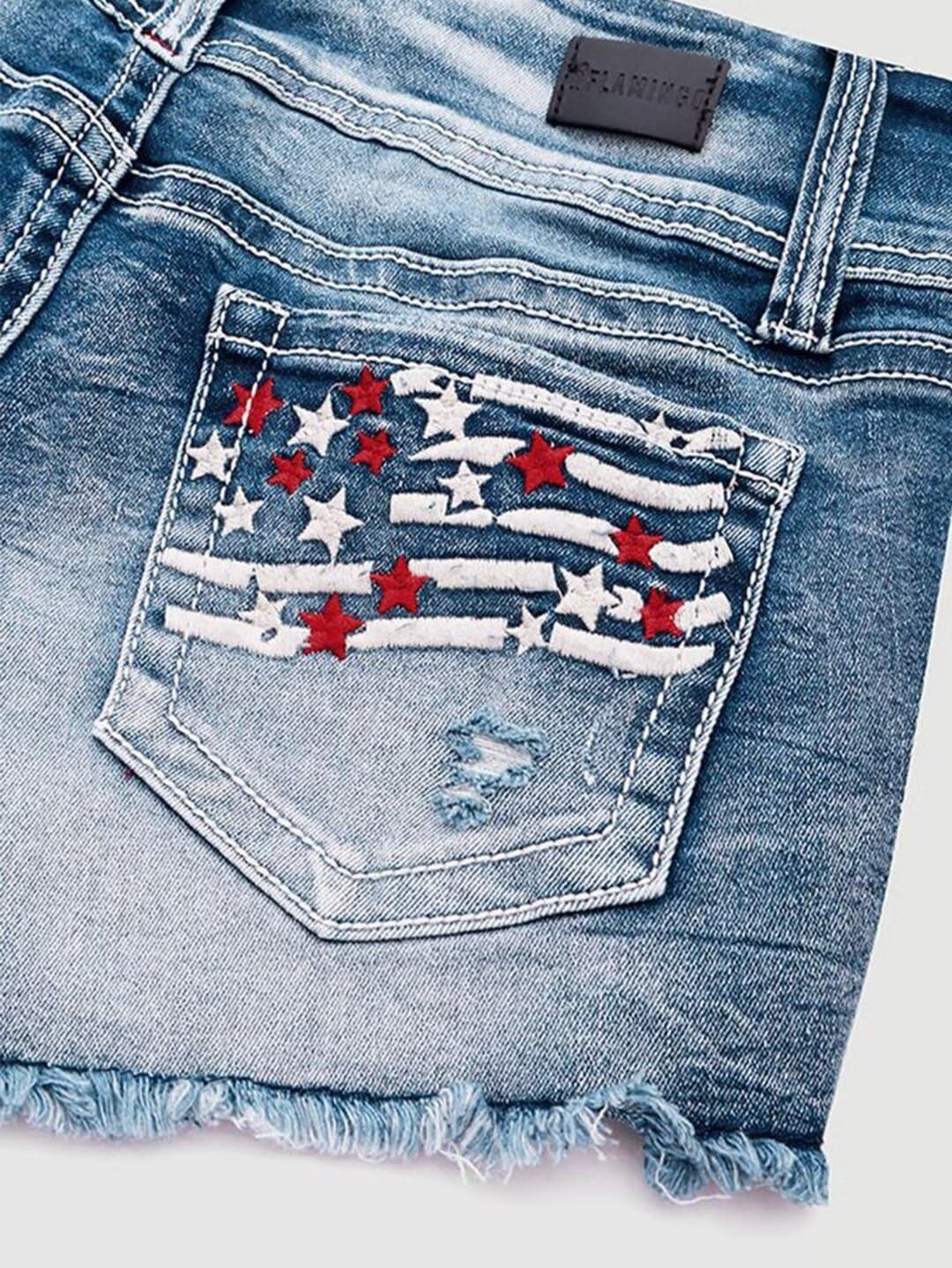 Flamingals Distressed Jean Shorts for Women High Waist American Flag Button Fly Raw Hem Denim Shorts