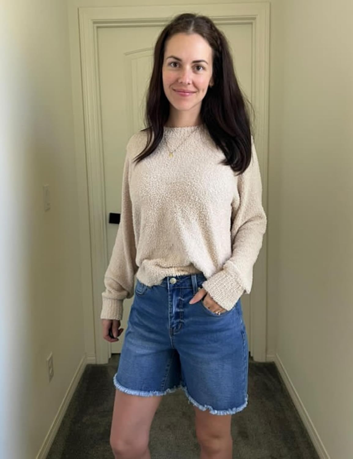 luvamia FleXclusive Jean Shorts for Women Trendy High Waisted Stretchy Denim Summer Raw Hem Mom Long Shorts Cutoff Jorts