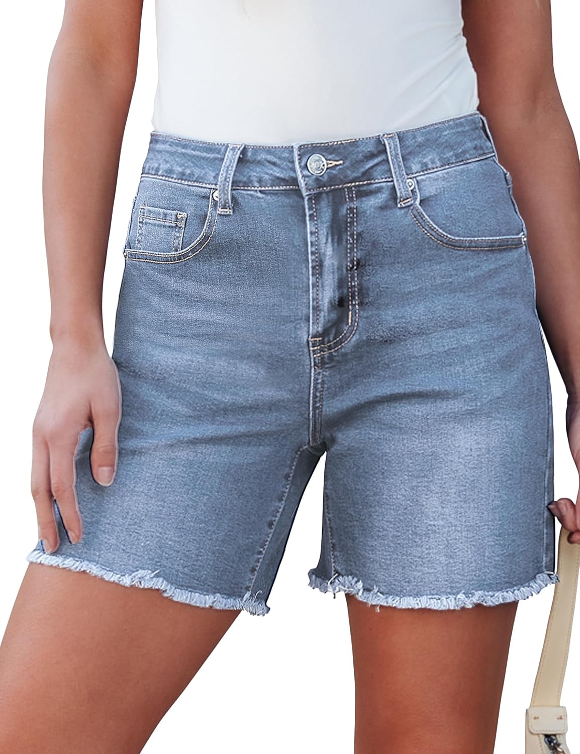 luvamia FleXclusive Jean Shorts for Women Trendy High Waisted Stretchy Denim Summer Raw Hem Mom Long Shorts Cutoff Jorts